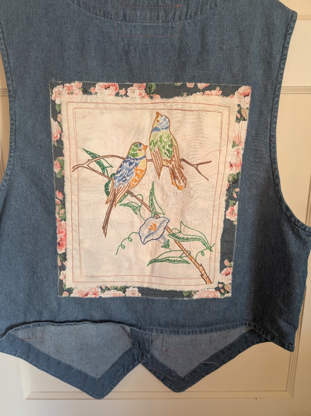 Denim vest w vintage embroidered birds,  upcycled wearable art, Size XXL